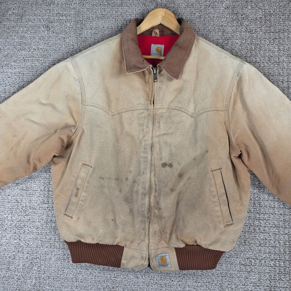 Vintage 90s Carhartt J13 Santa Fe Tan Brown Jacket Red Quilt Lined Mens Large - Picture 5 of 16